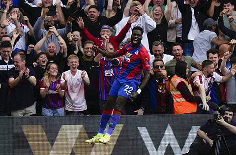 Crystal Palace striker Odsonne Edouard celebrates scoring his side's second goal during match agaisnt Tottenham Hotspur at Selhurst Park stadium, London, Saturday. (Photo | AP)