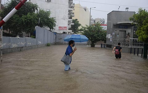 Water logging due to heavy rain near Saket metro station in New Delhi on Saturday. (Photo | Shekhar Yadav, EPS)