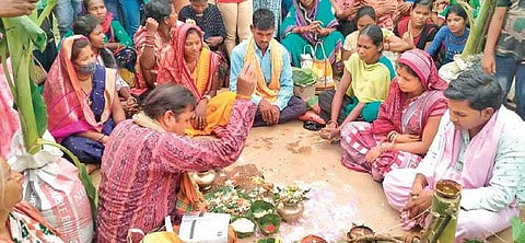 Residents of Jarangloi conducting frog marriage to appease the rain gods. (Photo | Express)