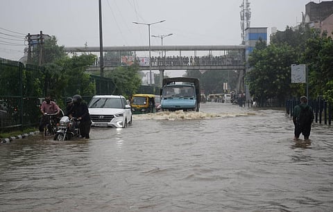 Water logging due to heavy rain near Saket metro station in New Delhi on Saturday. (Photo | Shekhar Yadav, EPS)