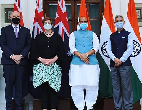 S Jaishankar and Rajath Singh held the inaugural 'two-plus-two' dialogue here with their Australian counterparts Marise Payne and Peter Dutton. (Photo | Twitter/@DrSJaishankar)