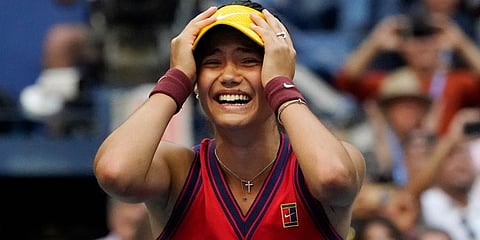 Emma Raducanu, of Britain, reacts after defeating Leylah Fernandez, of Canada, during the women's singles final of the US Open tennis championships. (Photo | AP)