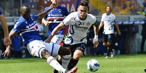 Inter Milan's Lautaro Martinez and Sampdoria's Omar Colley vie for the ball during the Italian Serie A soccer match at the Luigi Ferraris stadium in Genoa, Italy. (Photo | AP)