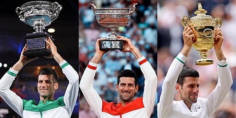 In this combo of 2021, Novak Djokovic poses with the trophy after winning a Grand Slam tennis tournament, from left, Australian Open, French Open and Wimbledon. (Photo | AP)