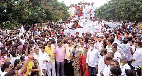 The padayatra organised by Visakha Ukku Nirvasitula Sangham from BC Colony in Visakhapatnam on Sunday. (Photo | EXPRESS)