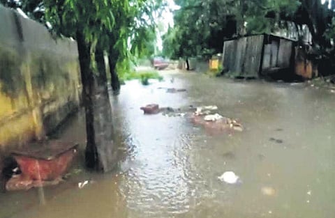 A flooded lane at Jagatpur Industrial Estate in Cuttack. (Photo | Express)