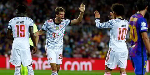 Bayern Munich's Thomas Mueller celebrates scoring the opening goal during a Champions League match against FC Barcelona in Barcelona. (Photo| AP)