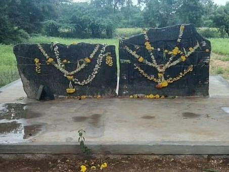 The ancient hero stone and Tamil inscription restored at Tamatakallu village of Chitradurga district. (Photo | EPS)