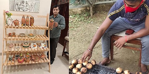 The artifact centre at Bihar Bhawan (left); preparation of litti on woodfire at the canteen. (Photos | Express)