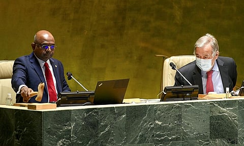In this photo provided by United Nations, Abdulla Shahid, left, pounds the gavel signaling his start as the new president of the 76th session of the United Nations General Assembly. (Photo | AP)