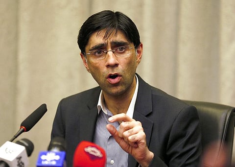 Pakistan's National Security Advisor Moeed Yusuf gives a news conference, in Islamabad, Pakistan. (Photo | AP)