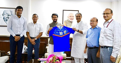 AIFF president Praful Patel (Fourth from left)meets Sports Minister Anurag Thakur (third from left) | Photo/Twitter