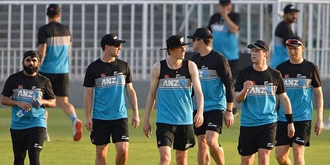 New Zealand's players attend a practice session at the Rawalpindi Cricket Stadium before the first ODI was cancelled. (Photo | AFP)
