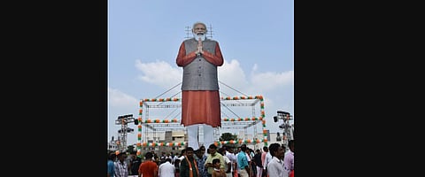 Gujarat BJP chief CR Paatil unveiled a 71-foot cut-out made of vinyl sheets of the PM in Radhanpur in Mehsana. (Photo | Twitter/@@CRPaatil)