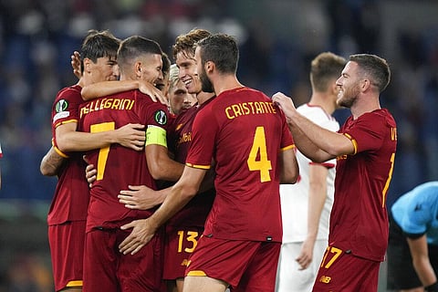 Roma's Lorenzo Pellegrini , second from left, celebrates after scoring goal during Europa Conference League match againt CSKA Sofia, at Rome's Olympic Stadium, Thursday. (Photo | AP)