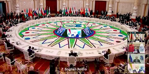 PM Narendra Modi seen addressing on big screens at the Plenary Session of the 21st meeting of Shanghai Cooperation Organisation (SCO) Council of Heads of State hosted by Tajikistan. (Photo | ANI)