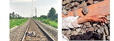 Palakonda Raju’s body lies on the railway track after he threw himself in front of a train at Station Ghanpur; (top) the tattoo on Raju’s hand which helped locals identify his corpse