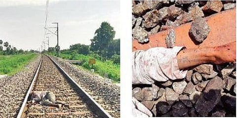 Palakonda Raju’s body lies on the railway track after he threw himself in front of a train at Station Ghanpur; (top) the tattoo on Raju’s hand which helped locals identify his corpse