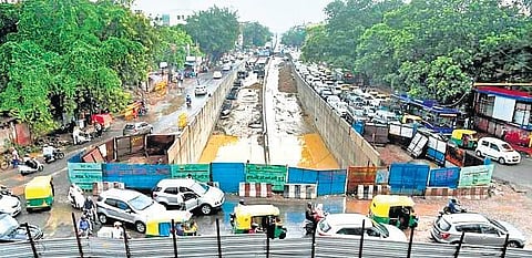 The completion of work has been held up as PWD awaits shifting of power cables. (Photo | EPS)