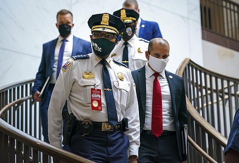 Washington Metropolitan Police Chief Robert Contee arrives to joined U.S. Capitol Police Chief Tom Manger at a news conference. (Photo | AP)