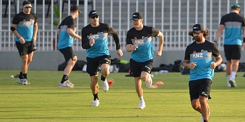 New Zealand's players attend a practice session at the Rawalpindi Cricket Stadium. (File Photo | AFP)