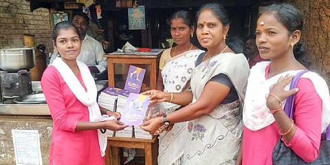 Copies of Pen Yen Adimaiyanal being gifted to customers on account of Periyar’s birth anniversary in Pudukkottai on Friday | Express