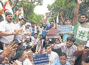 IYC members protest against unemployment. (Photo | Parveen Negi/EPS)