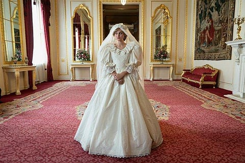 Emma Corrin in replica of Princess Diana's wedding dress in 'The Crown'. (Photo | Twitter)
