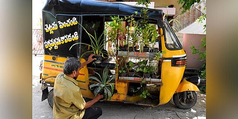 58-year-old auto driver, Kompala Babu arranges plant saplings in his auto in Tirupati | Madhav K