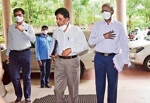 Irrigation officials from AP arrive at Jalasoudha to attend KRMB meeting, in Hyderabad on Wednesday. (Photo | R V K Rao)