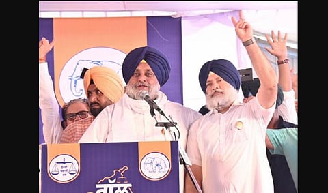SAD president and MP Sukhbir Singh Badal (Left) addressing a function in Moga's grain market. (Photo | Twitter)