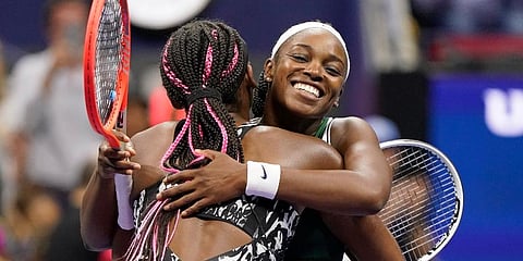 Sloane Stephens, of the United States, right, hugs Coco Gauff, of the United States, after Stephens won their match during the second round of the US Open tennis championships. (Photo | AP)
