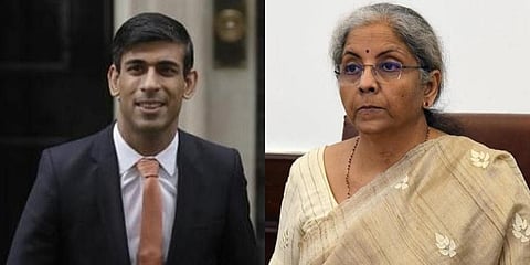 Finance minister Nirmala Sitharaman (L) and her British counterpart Rishi Sunak (Photos | ANI, AP)