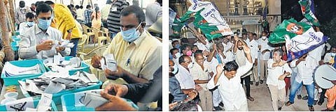 Election staff counting votes of ZPTC and  MPTC elections in Chandragiri; celebrations at YSRC central office at Tadepalli in Guntur district on Sunday I Madhav K / Express