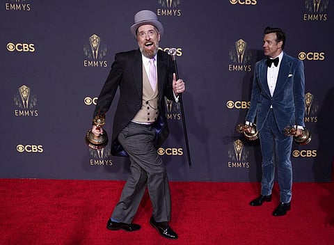 Brendan Hunt, left, and Jason Sudeikis pose with their awards for for 'Ted Lasso' at the 73rd Primetime Emmy Awards on Sunday in Los Angeles. (Photo | AP)
