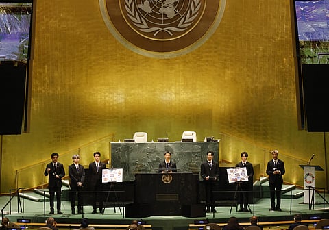 Members of South Korean K-pop band BTS, from left, V, Suga, Jin, RM, Jung Kook, Jimin and J-Hope appear at the United Nations meeting on Sustainable Development Goals during the 76th session. (AP)