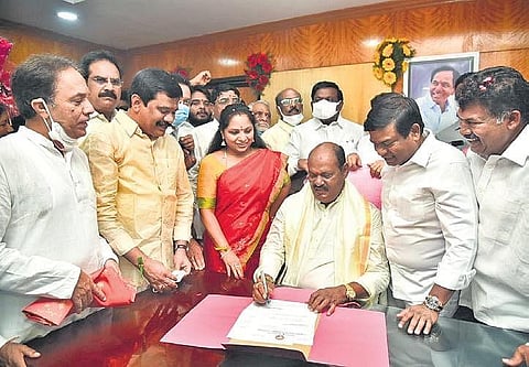 Nizamabad Rural MLA Bajireddy Govardhan officially takes charge as TSRTC chairman at RTC Bhavan in presence of MLC K Kavitha, on Monday.