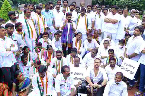 PCC chief A Revanth Reddy at the Martyrs Memorial in Hyderabad. (Photo | Express)