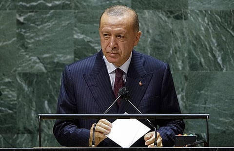 Turkish President Recep Tayyip Erdogan addresses the 76th Session of the United Nations General Assembly. (Photo | AP)