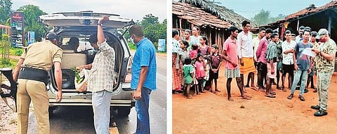 Police check a vehicle as part of security arrangements in Mulugu, Mahabubabad and Jayashankar Bhupalpally districts; (right) law enforcement officials speak to the residents in Mulugu on Tuesday