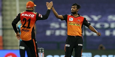 Sunrisers Hyderabad pacer Thangarasu Natarajan (Right) (Photo | Sunrisers Hyderabad Twitter)