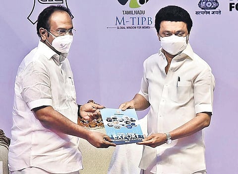 CM MK Stalin handing over a copy of the ‘Export Promotion Strategy Policy’ to Minister Thangam Thennarasu in Chennai | p jawahar