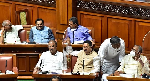 MLAs Basanagouda Patil Yatnal and Aravind Bellad (second from right) in the Assembly. (Photo | Express)