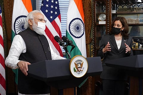 US Vice President Kamala Harris meets with India's Prime Minister Narendra Modi. (Photo | AP)