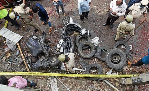 Explosion inside Sri Pathrakali Lorry Services at New Tharagupet in Bengaluru. (Photo | Vinod Kumar T, EPS)