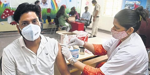 A beneficiary being administered Covid-19 vaccine at a centre in New Delhi. (Photo | Parveen Negi, EPS)
