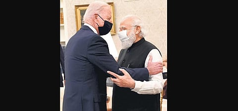 US President Joe Biden welcomes Prime Minister Narendra Modi at White House on Friday. (Photo | PTI)