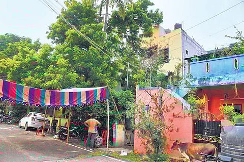 A shamiana put up outside the house of Swetha on Friday, a day after she was murdered near the Tambaram Railway Station | R Satish Babu
