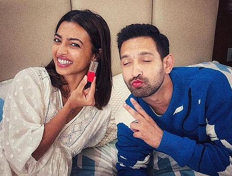 Radhika Apte with Vikrant Massey at the sets of 'Forensic' (Photo | Radhika Apte, Instagram)