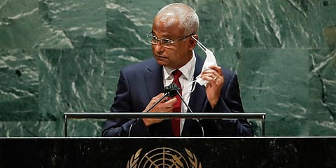 Maldives President Ibrahim Mohamed Solih takes off his mask to address the 76th Session of the United Nations General Assembly at U.N. headquarters in New York on Sept 21, 2021. (Photo | AP)